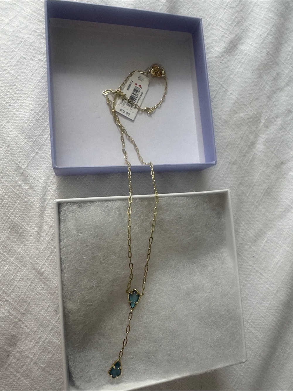 Kendra Scott Gold Lariat Necklace with Teal Blue Gems